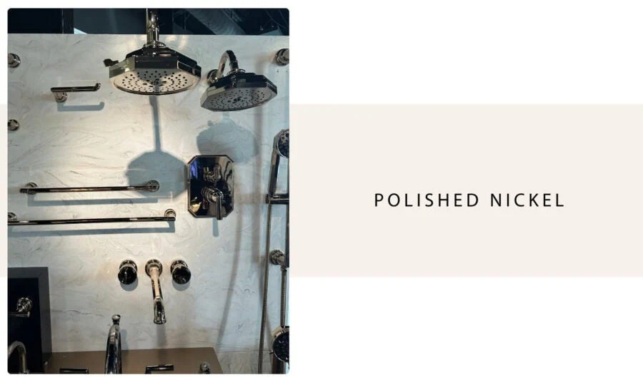 Polished nickel bathroom fixtures, including showerheads, faucet, and towel bars, mounted on a white marble wall, showcasing a modern and sleek design.