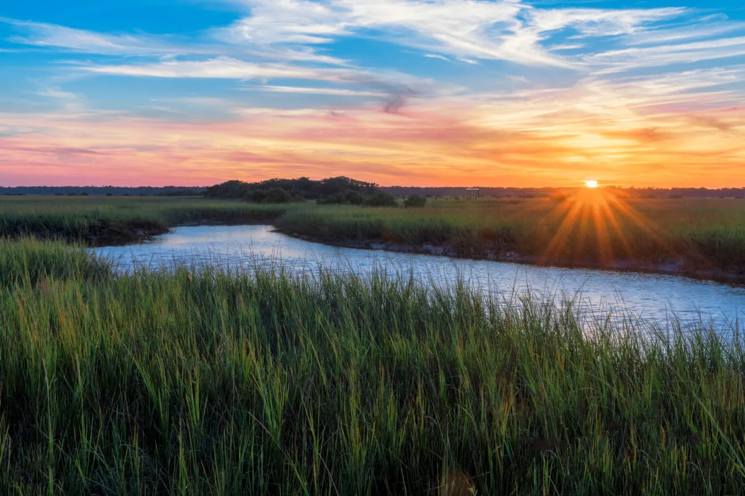 Sunset over branch of the Matanzas River at 299 Dondanville Road in St. Augustine, Florida on December 7, 2018