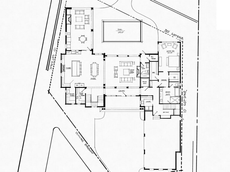 Spacious house floor plan with open-concept living areas, kitchen, bedrooms, bathrooms, outdoor pool, and surrounding landscape, illustrating a detailed architectural blueprint by John Merrill Homes.