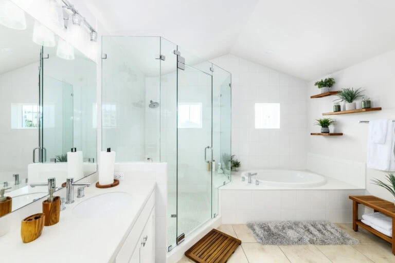 Beach Farmhouse - bathroom design with shower and bathtub