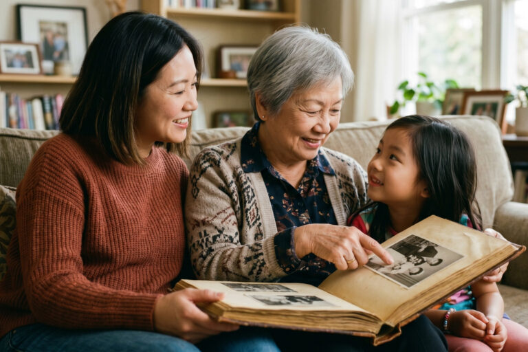 building a multigenerational home, three generations of women sitting on couch