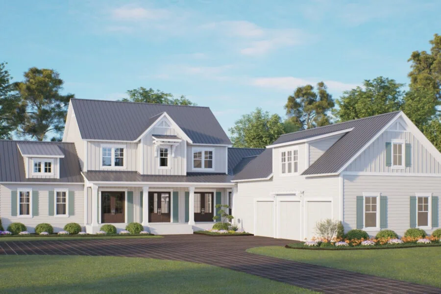 Bright, modern farmhouse-style home with white siding, black metal roof, and charming architectural details including gables and shutters, surrounded by lush greenery and colorful landscaping.
