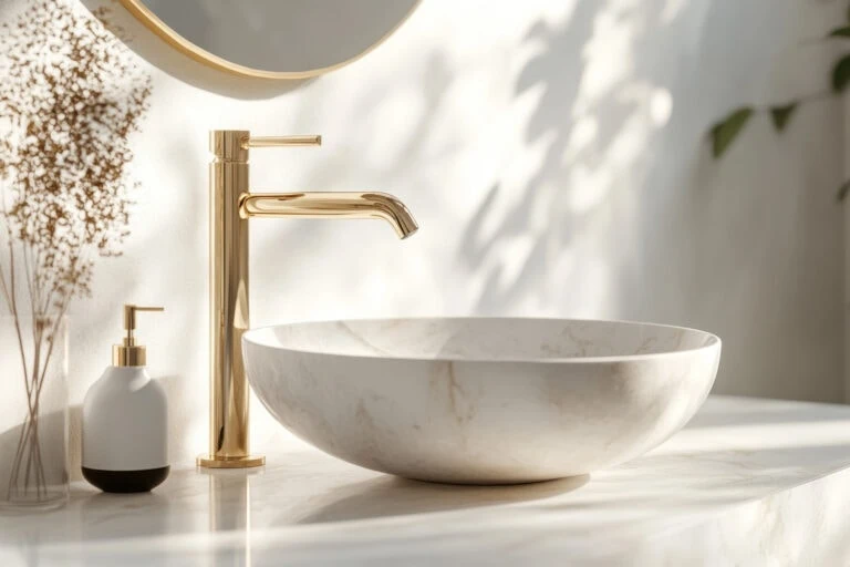 Elegant bathroom vanity featuring a white marble countertop, a stylish round marble vessel sink, and a sleek gold-finished faucet with matching soap dispenser, illuminated by soft natural light creating a modern and luxurious ambiance.