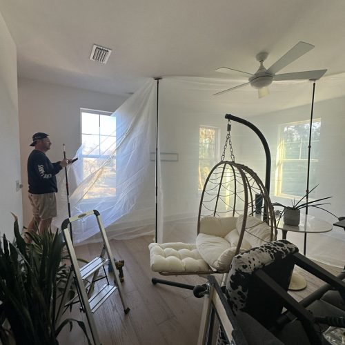 Bright living room with large windows, a ceiling fan, hanging chair, and indoor plants during home renovation at John Merrill Homes.