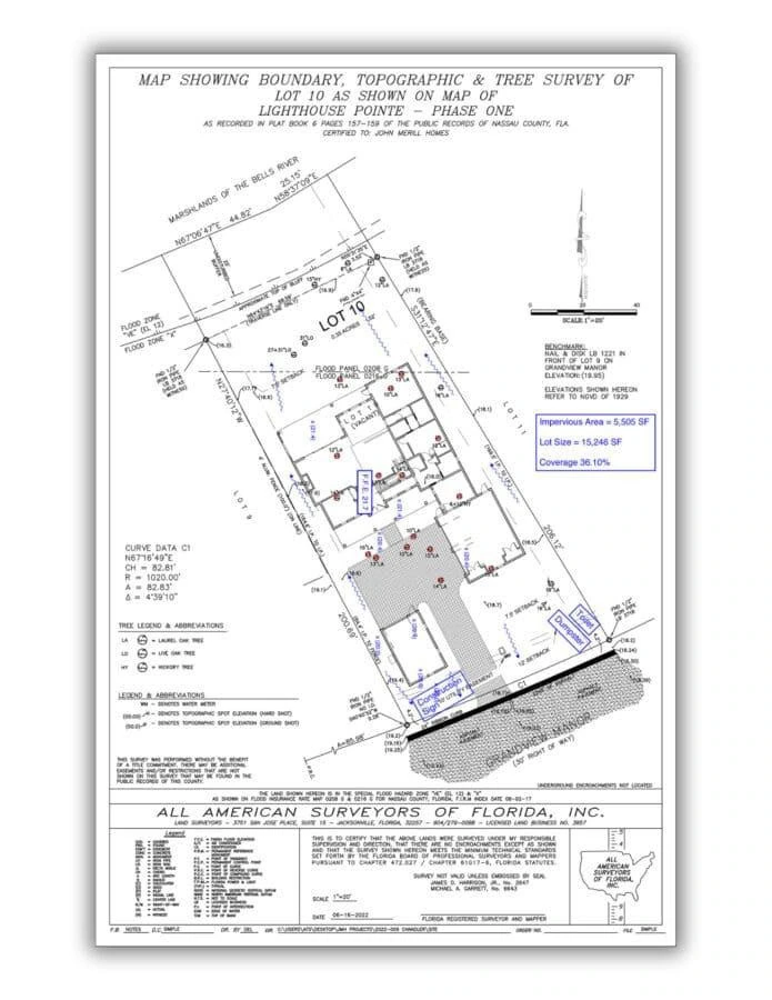 Detailed survey map of a property showing lot boundaries, structures, and measurements for a custom home project.