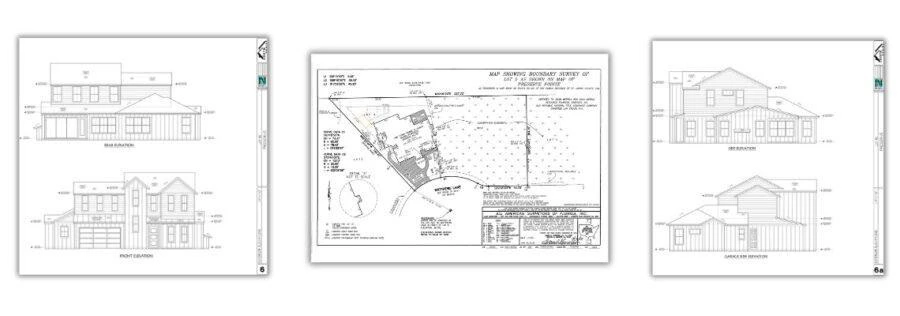Architectural blueprints and site plan for a custom home construction project.