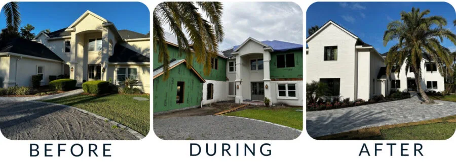 White modern house with lush landscaping, shown in a before-and-after renovation.